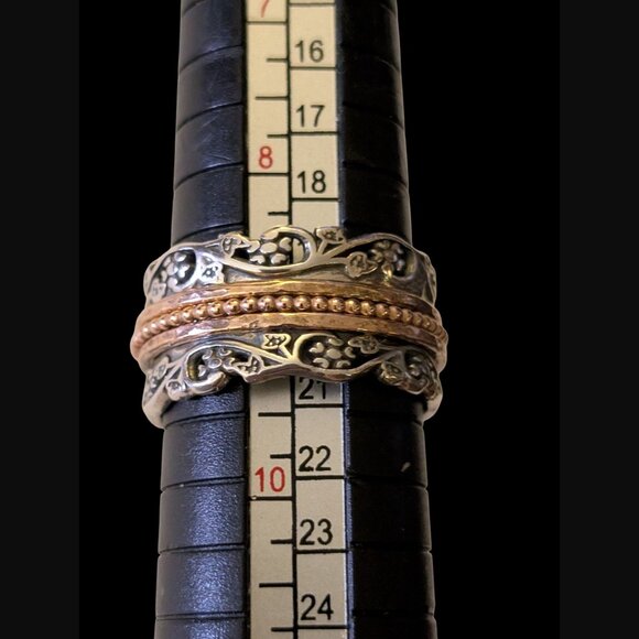 925 Sterling Silver Flower And Leaf 11.7mm Size 9 Two Tone Spinner Ring - Picture 9 of 10